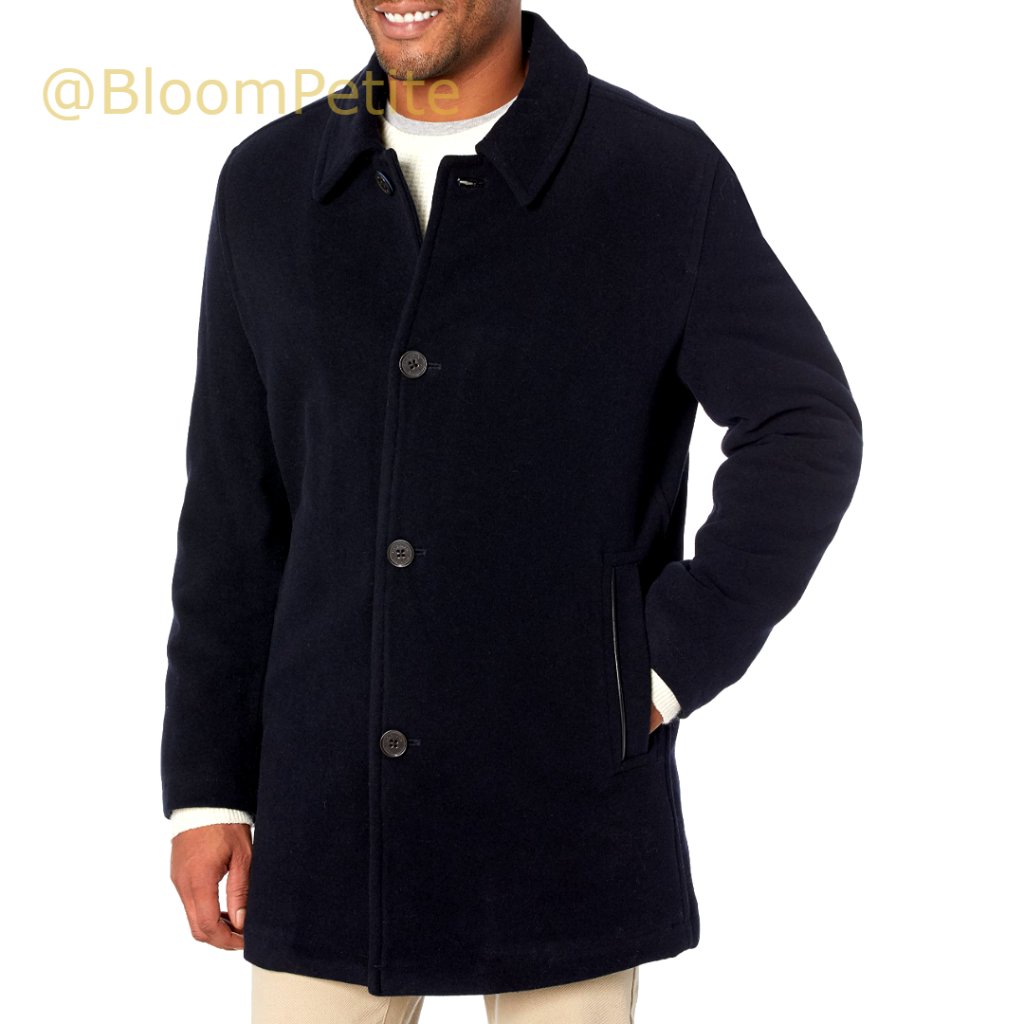Men's Wool Plush Car Coat With Faux Leather Trim, Button Closure